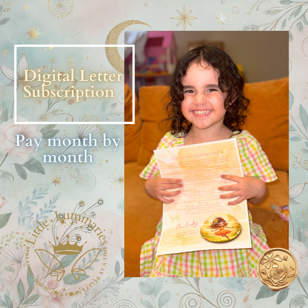 Child holding a letter with a digital subscription offer on a decorative background
