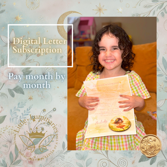 Child holding a letter with a digital subscription offer on a decorative background