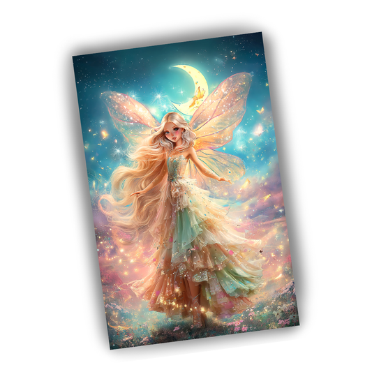 Fantasy fairy with colorful wings and dress against a starry night sky
