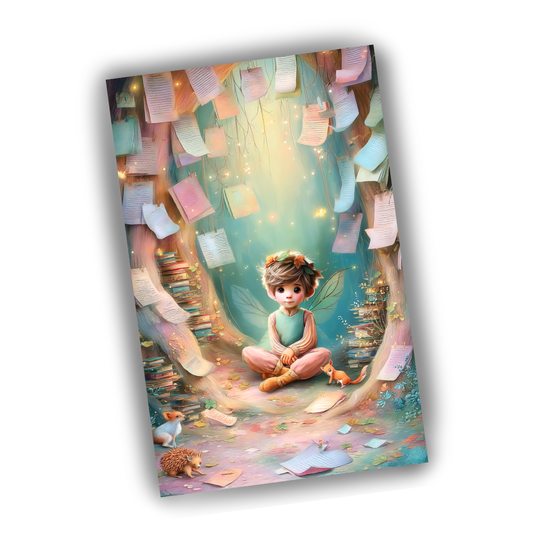 Fairy sitting on a bookshelf with colorful books and a soft light in the background