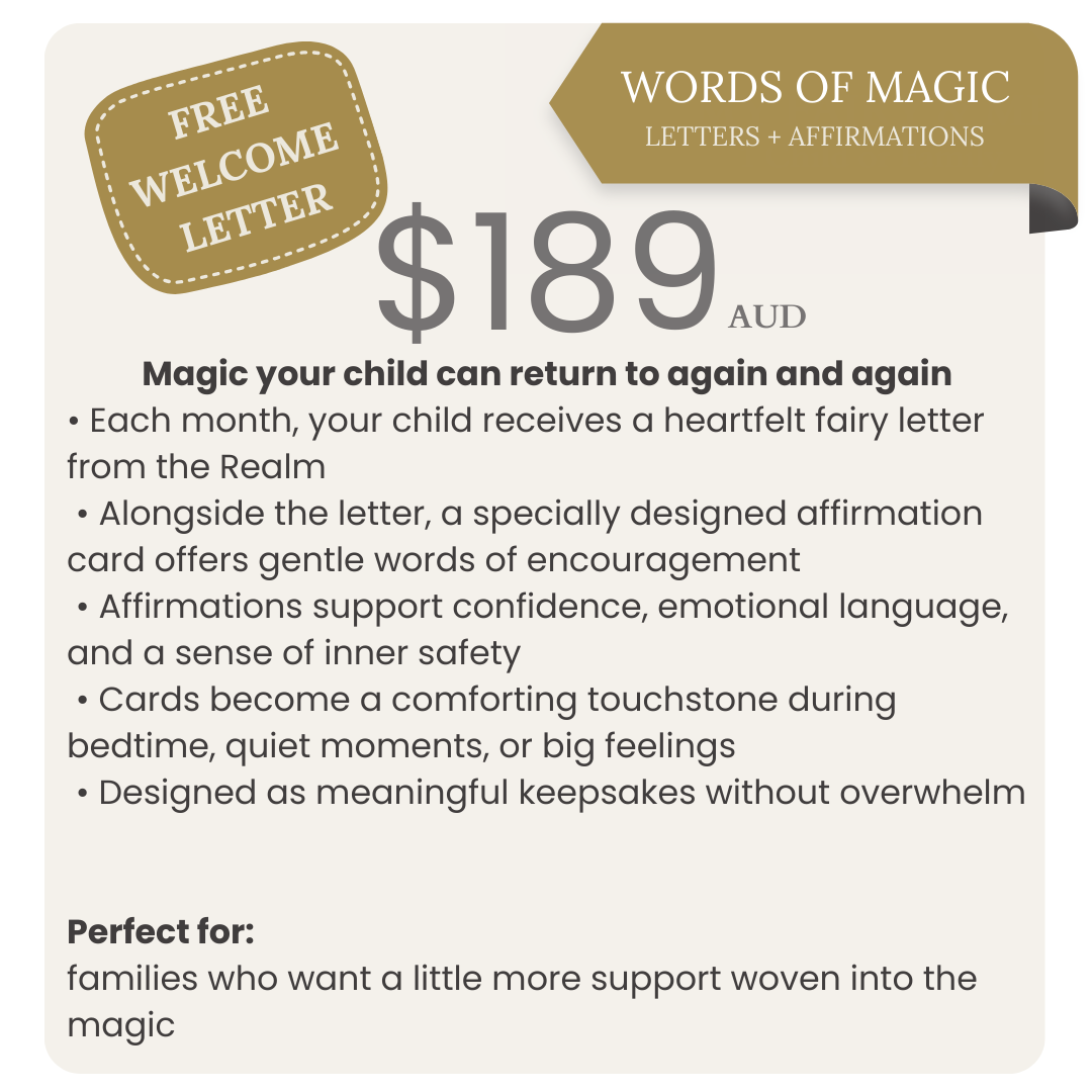 Advertisement for 'Words of Magic' service with pricing and benefits on a beige background.