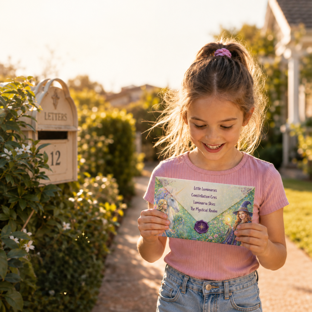 A young girl with her hair in a ponytail stands on a sunny backyard path holding a colorful letter from Little luminaries She is wearing a pink ribbed t-shirt and denim jeans.