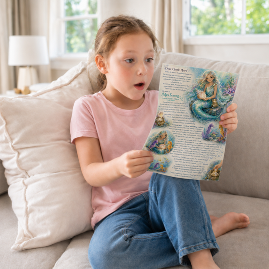 A young girl with light brown hair sits on a beige couch in a bright living room, holding up a printed page from a children's book or storybook. The page features colorful illustrations of mermaids and fantasy sea creatures.