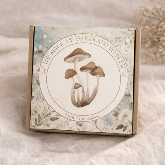Potion Play Box with 'The Magic of Woodland Wonder' design featuring mushrooms on a soft fabric background.