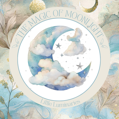 Decorative image with moon and clouds, featuring 'The Magic of Moonlight' and 'Little Luminaries'.