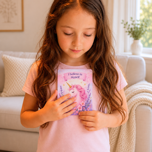 Young girl holding a affirmation card with a unicorn and floral design, sitting on a couch in a cozy living room.