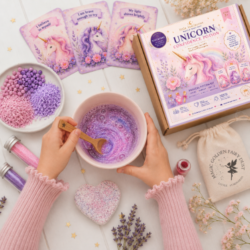 Unicorn-themed confidence potion kit with hands stirring a bowl of purple liquid, surrounded by decorative items.