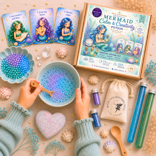 Mermaid-themed potion box with colourful beads and a box labeled 'Mermaid Calm & Creativity Potion' on a wooden surface.