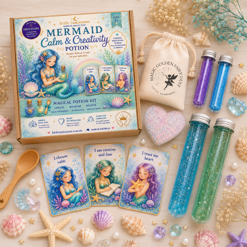 Mermaid-themed magical potion kit with cards and bottles on a decorative surface.