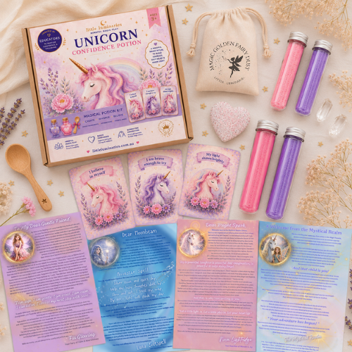 Unicorn-themed potion kit with packaging, bottles, and cards on a decorative background.