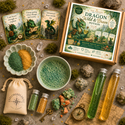 Dragon Wild & Brave Potion kit with potion bottles, ingredients, and packaging on a textured surface.