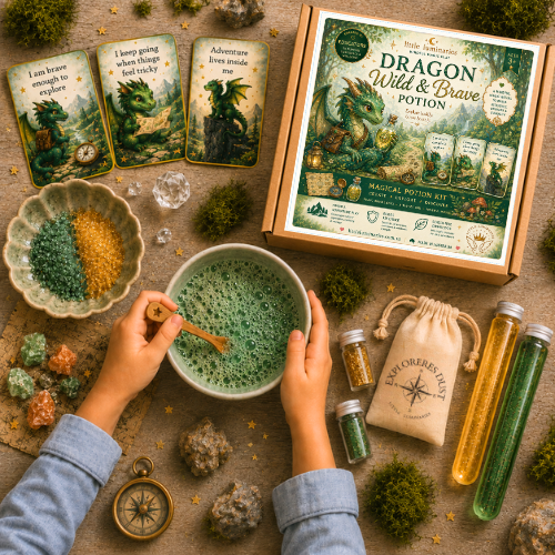 Magical potion kit with ingredients and a person mixing a potion on a textured surface.