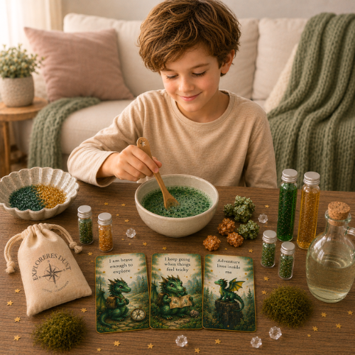 Child playing with a magical playset on a table, surrounded by fantasy-themed items.