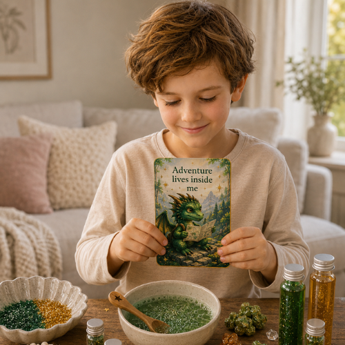 young boy with mindfulness card