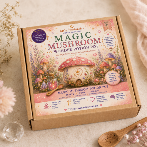 Box of 'Magic Mushroom Wonder Potion Pot' educational kit with mushroom design and text on a beige background.