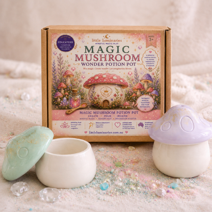 Magic Mushroom potion pot with packaging and decorative elements on a soft surface