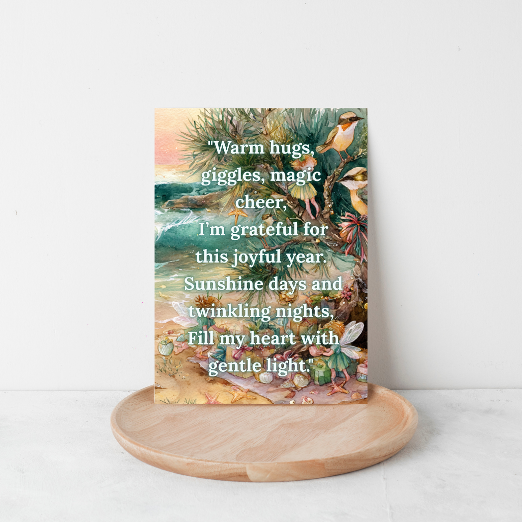 Card with floral design and text on a white background