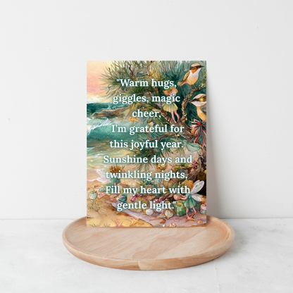 Card with floral design and text on a white background