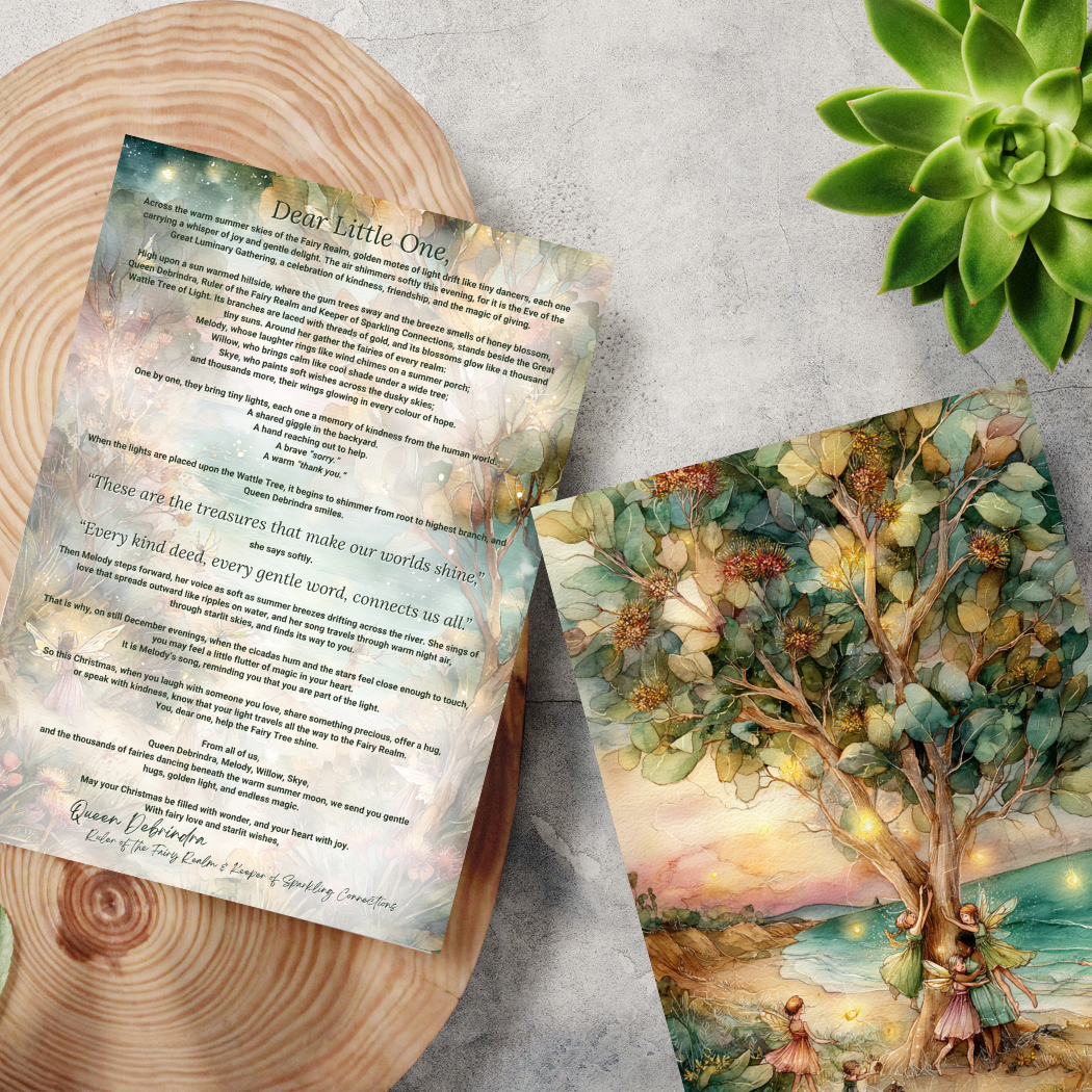 Letter and postcard with fairy tale design on a textured surface with a plant.
