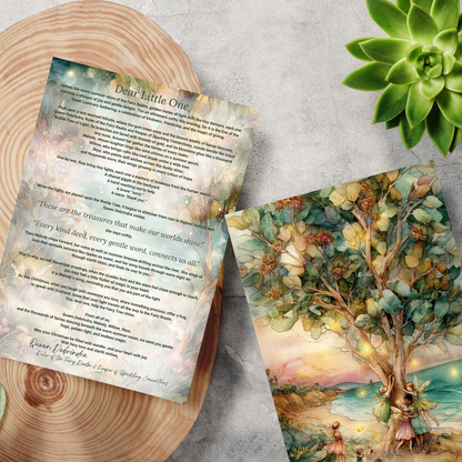 Letter and postcard with fairy tale design on a textured surface with a plant.