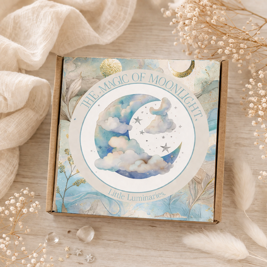 Product packaging with 'The Magic of Moonlight' design on a wooden surface with decorative elements.