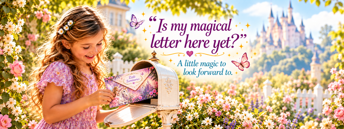 A young girl with long wavy brown hair wearing a purple dress stands in a sunlit flower garden beside an open mailbox, looking inside. A large castle is visible in the background under a blue sky.