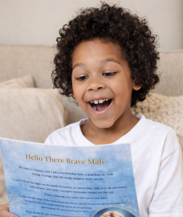 Child reading a birthday letter 