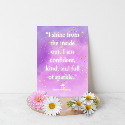 Mindfulness bath kit for children featuring sparkle soak, affirmation card, and calming potion