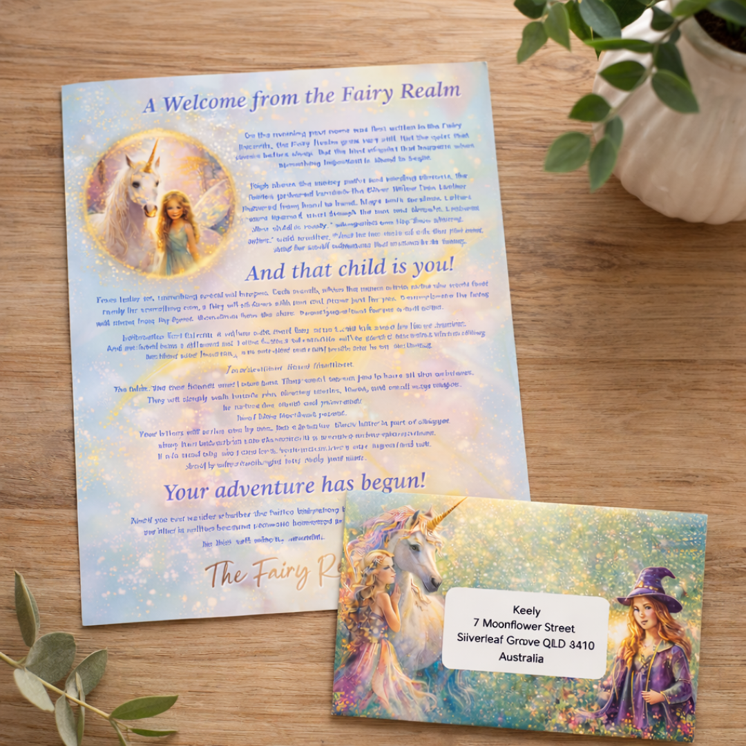 Fairy-themed letter and envelope on a wooden surface with plants.