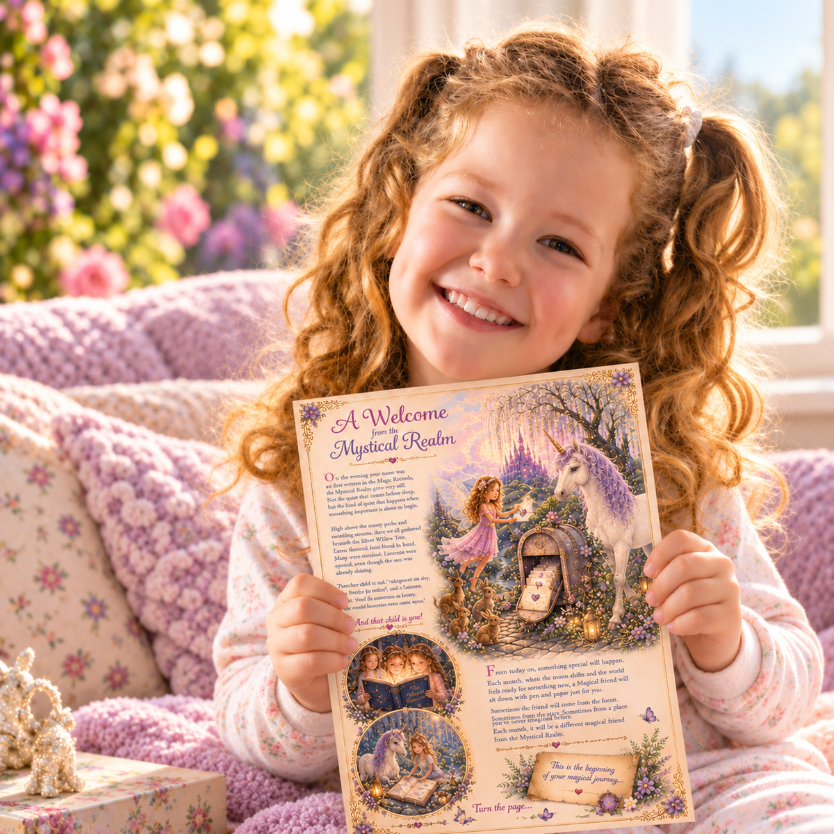 A young girl with curly hair in pigtails sits on a pink blanket couch, smiling and holding a printed card titled 'A Welcome to the Mystical Realm.' The card features whimsical fantasy artwork with a girl, unicorn, and cozy interior scenes.