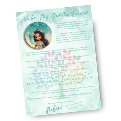 Greeting card with a fairy illustration and text on a light blue background