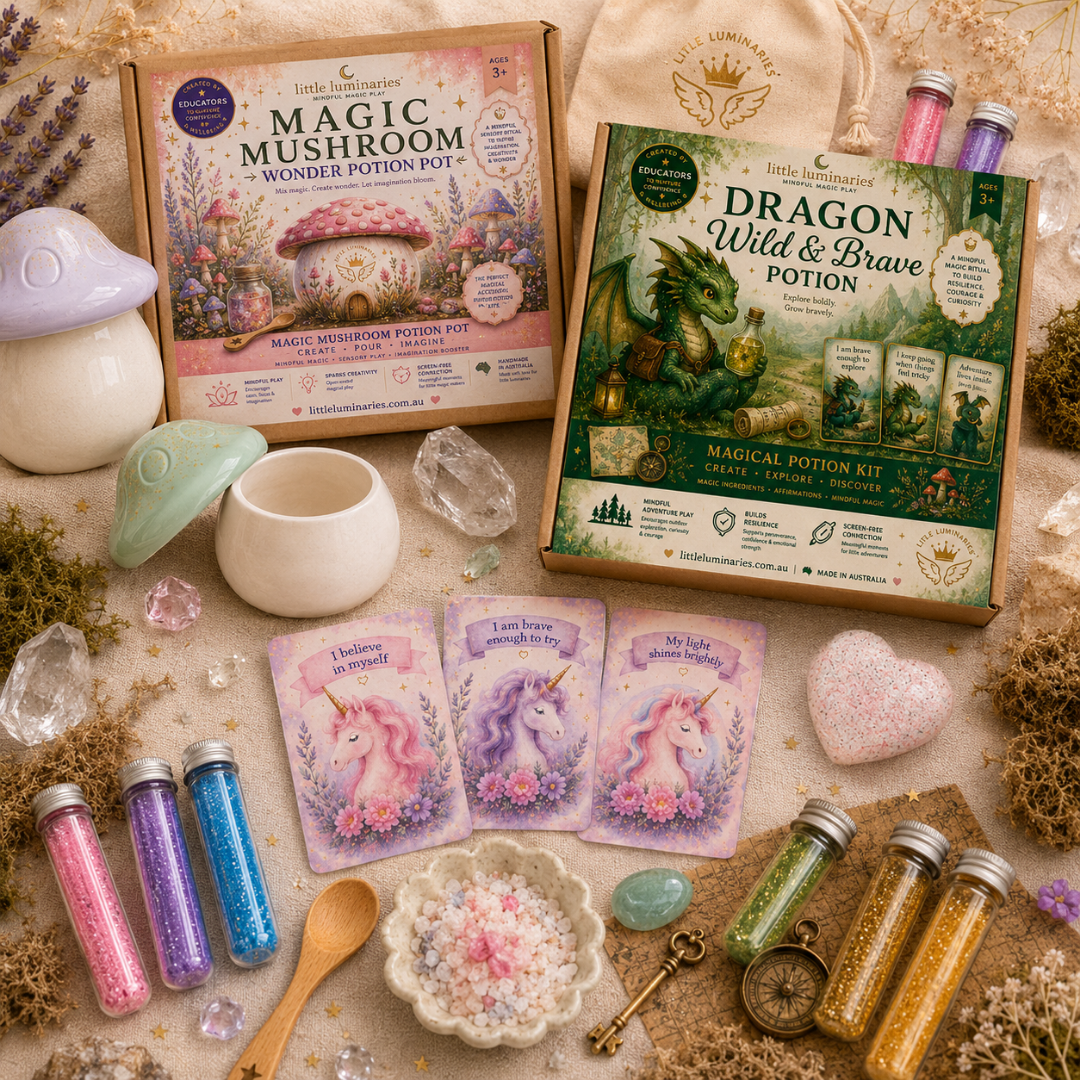 Children's potion kits with packaging, ingredients, and accessories on a natural background.