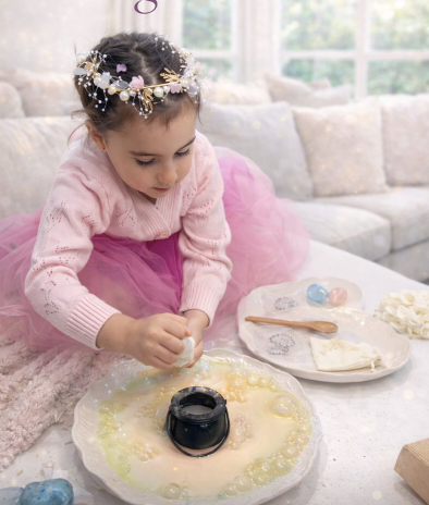 Child in a pink dress playing with a toy on a table in a living room.