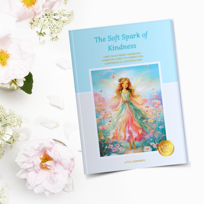 Book titled 'The Soft Spark of Kindness' with a colorful cover featuring a fairy surrounded by flowers on a white background with flowers.