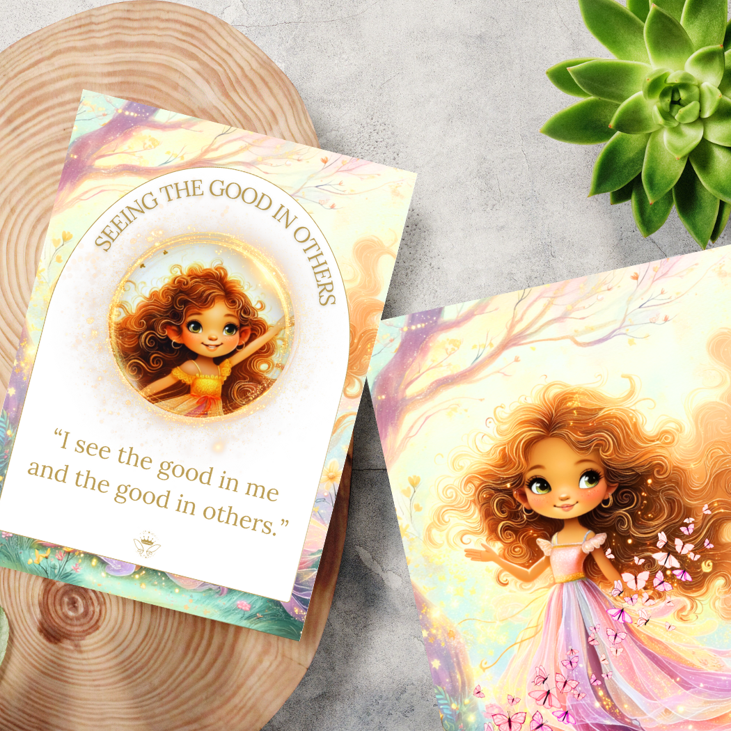 Illustrated card with a girl character and motivational quote on a textured surface with a plant.