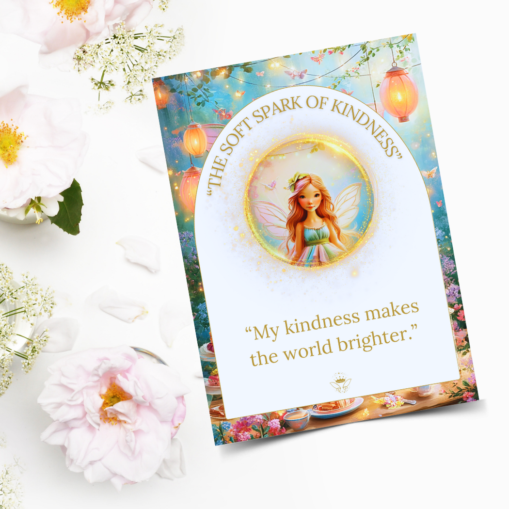 Book titled 'The Soft Spark of Kindness' with a fairy illustration on a floral background