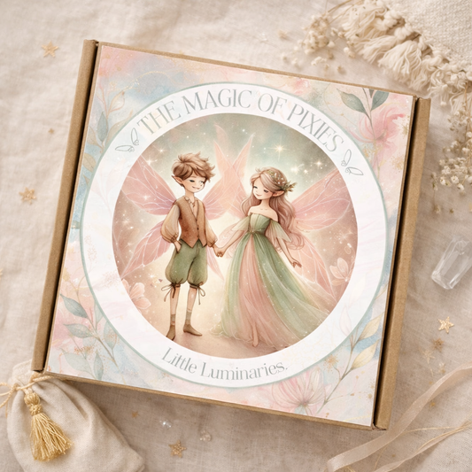 Box with fairy design and 'The Magic of Pixies' text on a soft background