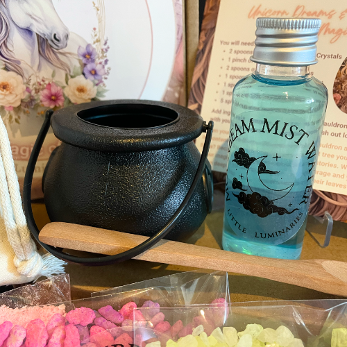 Unicorn-themed mindfulness kit with non-toxic potion ingredients and cauldron