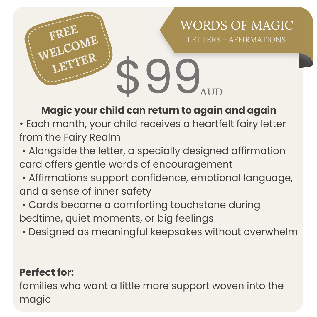 Advertisement for 'Words of Magic' service with pricing and benefits on a beige background.