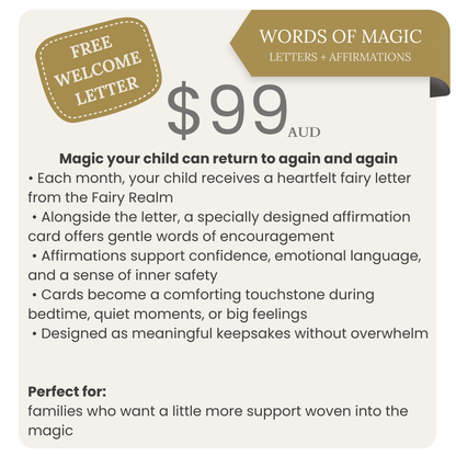 Advertisement for 'Words of Magic' service with pricing and benefits on a beige background.