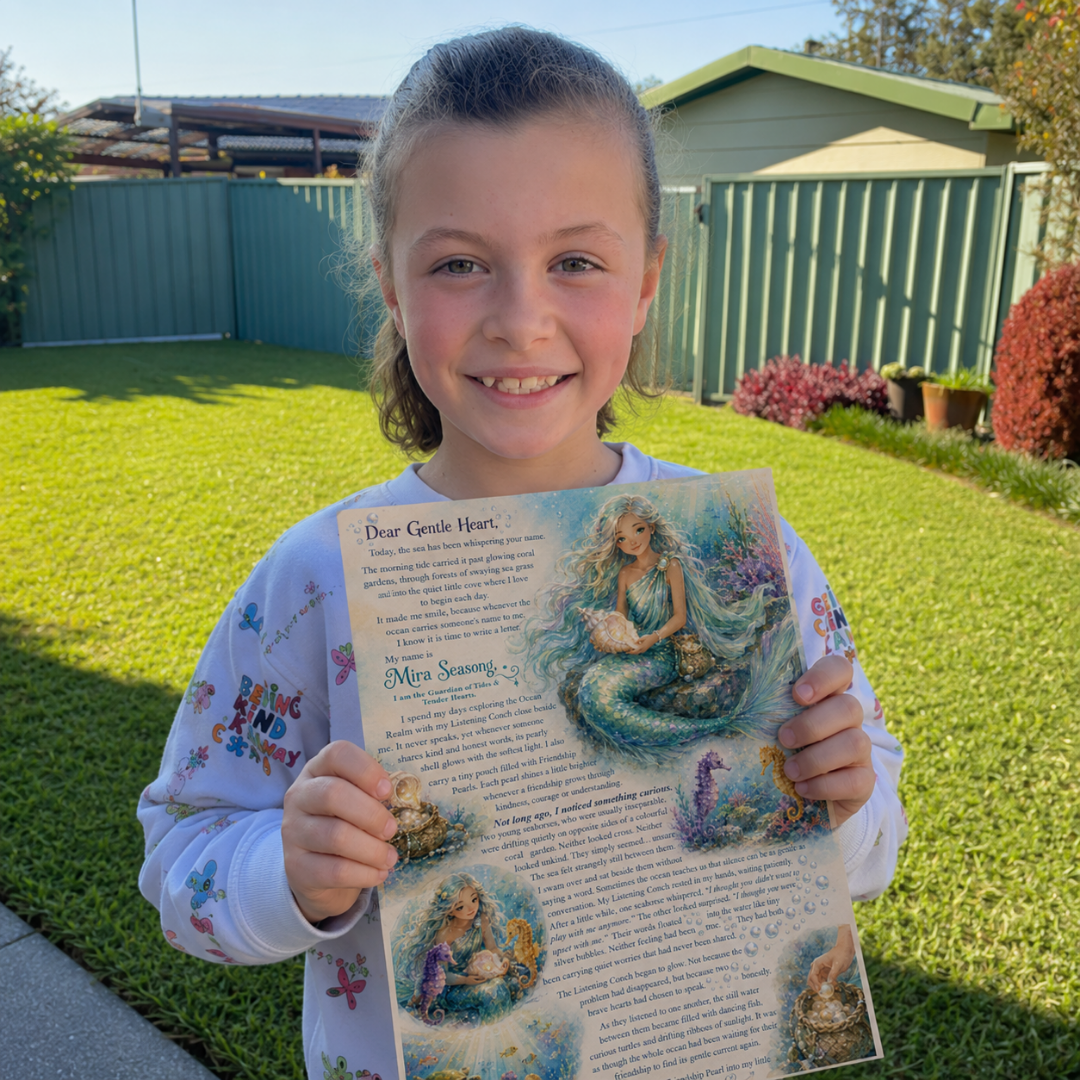 A young girl smiling in a backyard, holding a printed mermaid-themed memorial card or poem sheet with colorful illustrations of sea creatures and text.