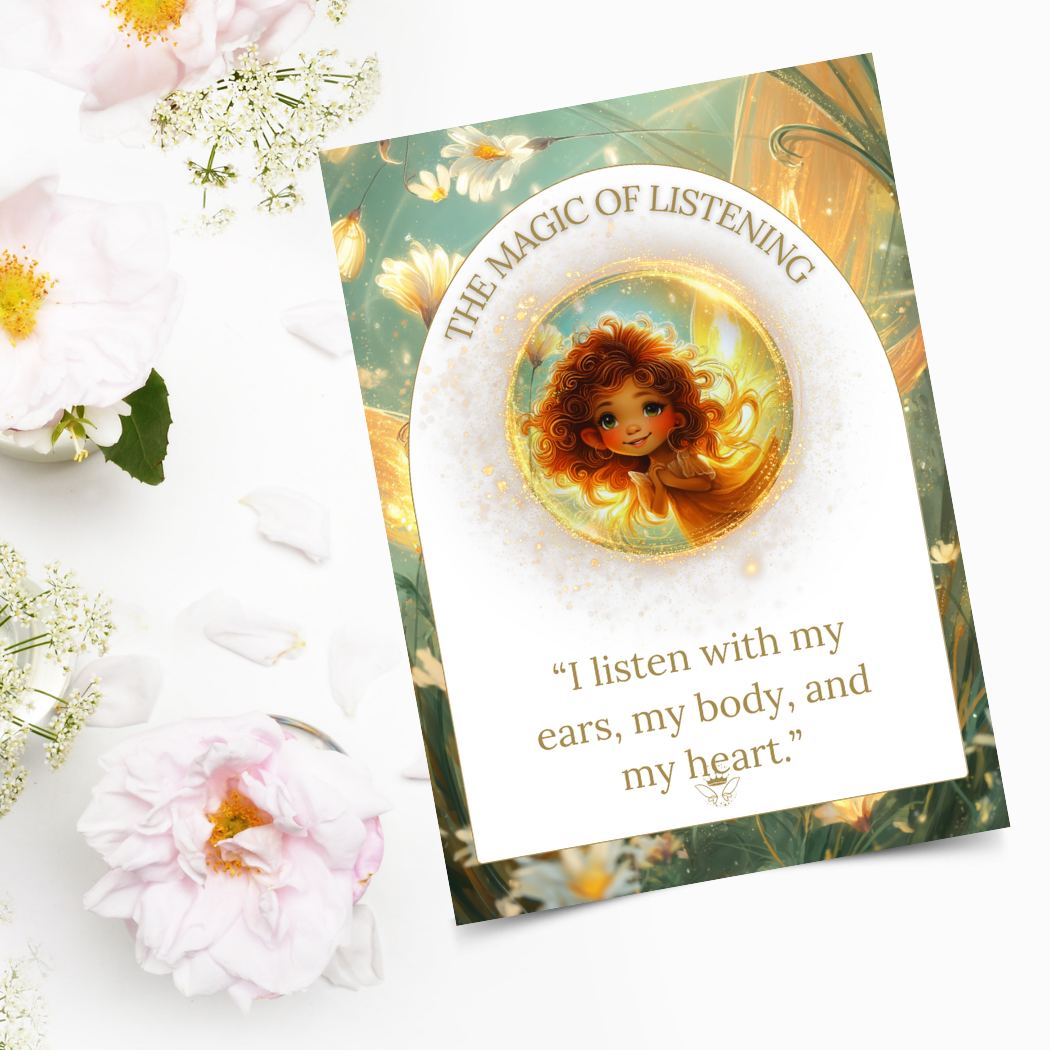 Card with a child illustration and text 'The Magic of Listening' surrounded by flowers.