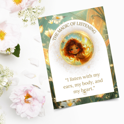 Card with a child illustration and text 'The Magic of Listening' surrounded by flowers.