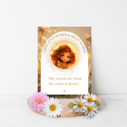 Poster with a child's face and motivational quote, surrounded by flowers on a white background