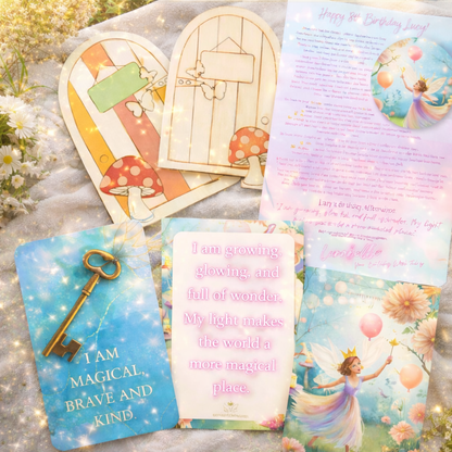 Collection of fairy-themed cards and letters on a natural background