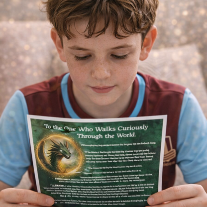 Young boy holding a card with a dragon illustration and text.