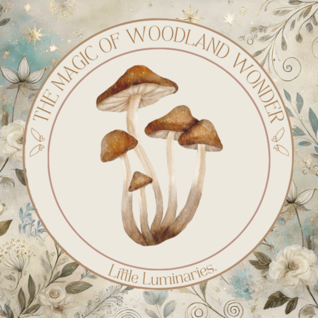 Decorative plate with mushrooms and floral design, featuring 'The Magic of Woodland Wonder' text.