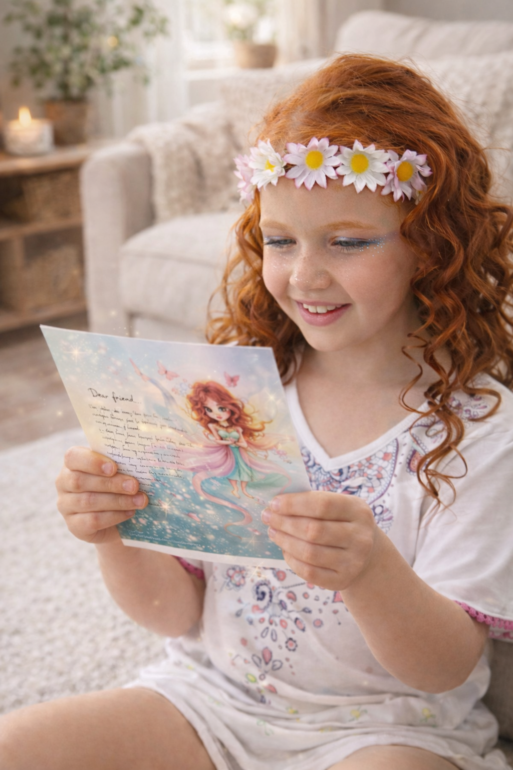 Young girl with a flower headband reading a fairy-themed book indoors.