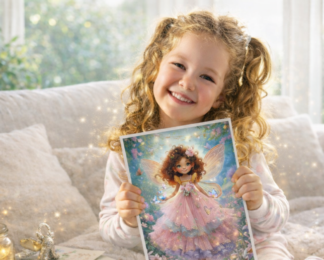 Child holding a fairy-themed picture book on a soft, light-colored couch.
