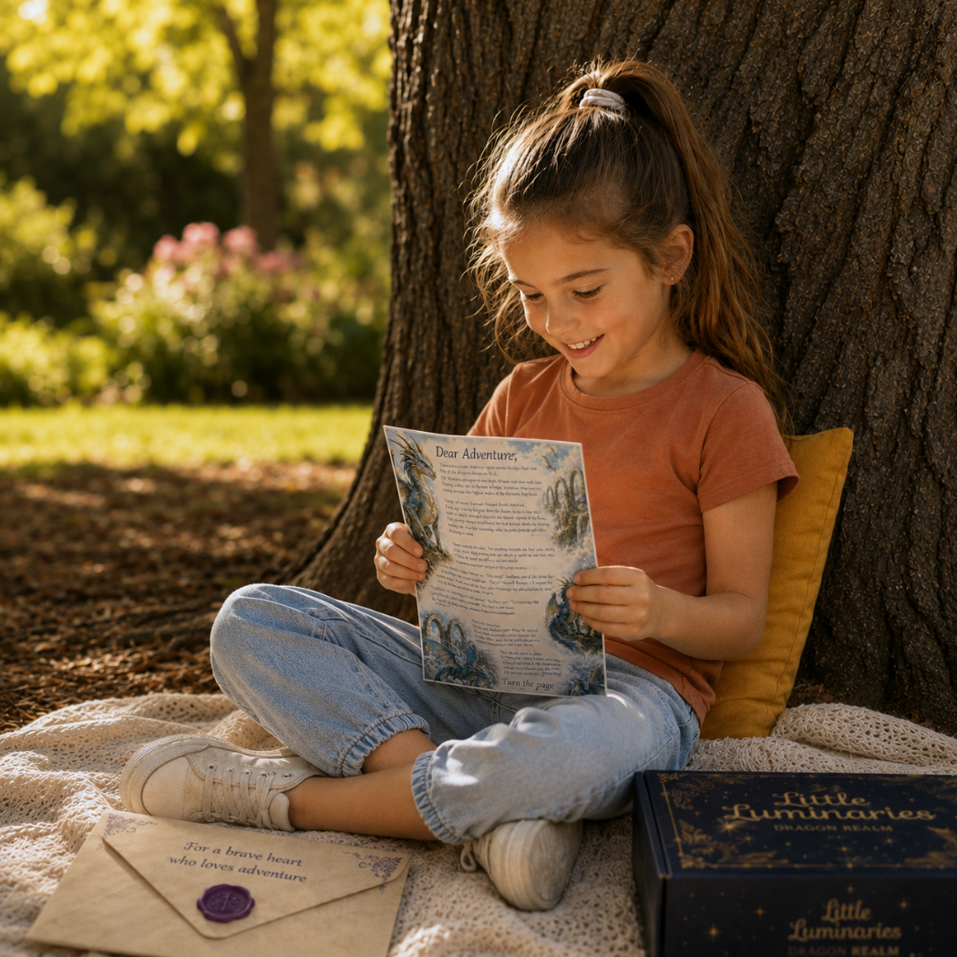 A young girl with her hair in a ponytail sits cross-legged on a blanket next to a large tree trunk, reading a 'The Adventure' page from a 'Little Luminaries'. A matching envelope with a purple wax seal and the dark blue 'Little Luminaries' book box are placed on the blanket in a sunny, wooded outdoor setting.